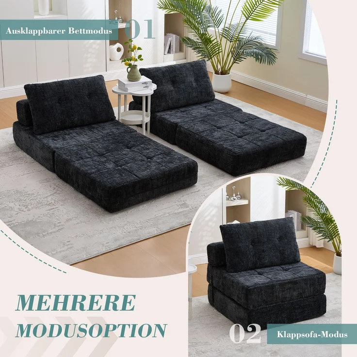 Abrihome Klappbares Schlafsofa mit Rückenlehne, Schwarz, 79x79x57 cm – Bild 5