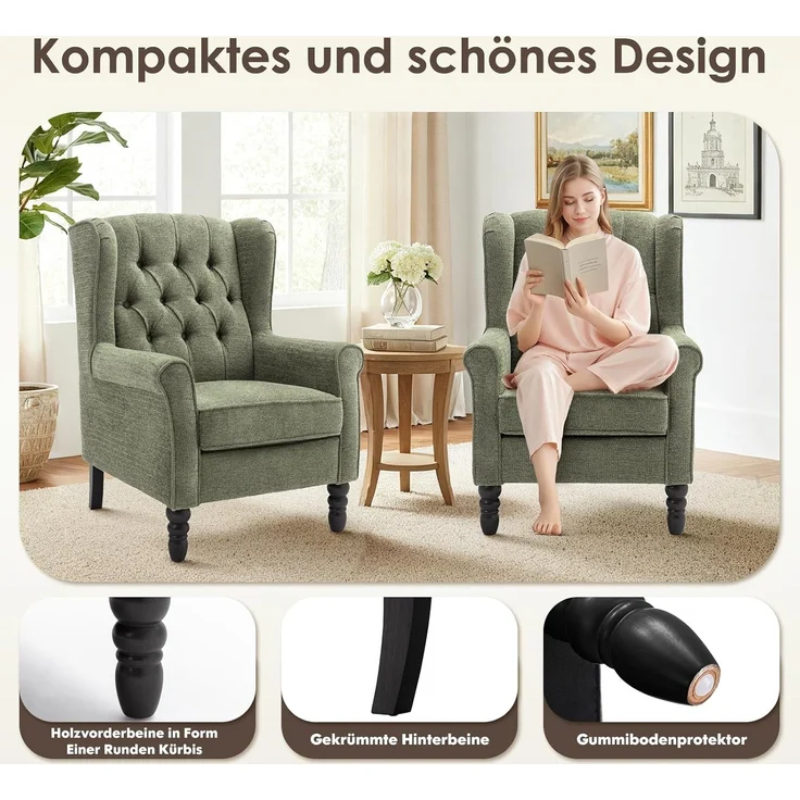 COLAMY Mid-Century Modern Sessel Wohnzimmer, Gepolsterter Wingback-Sessel mit Knopfsteppung, loungesessel Bezug aus Gewebe mit Massivholzbeinen für Wohnzimmer, Büro, Café - Grün – Bild 3