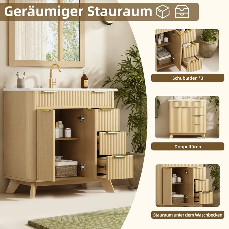 Waschtischunterschrank B 81 x T 47 x H 90 cm aus MDF mit Keramikwaschbecken und Wellenfront – Bild 5