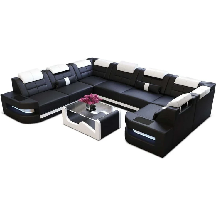 Mini Wohnlandschaft Como U Form - Echtleder - schwarz-weiß - Links – Bild 1