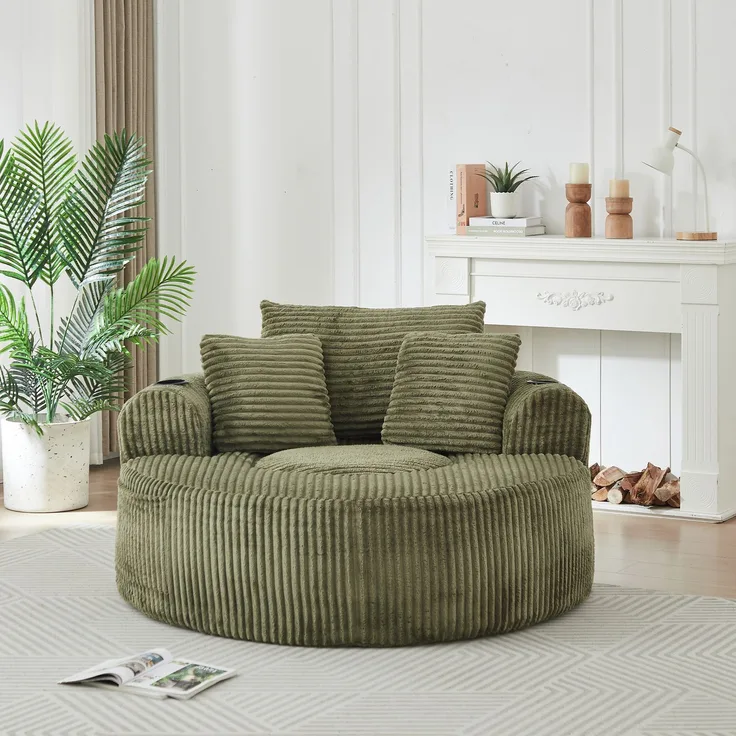 Rundes Loungesofa aus Cord, Einzelsitz Sitzsack Liegestuhl mit 3 Kissen, 2 Getränkehaltern, Seitenaufbewahrung, Rutschfest, Bequemes Relaxsofa für Wohnzimmer Schlafzimmer--Grün--146x29x32cm--YOUDENOVA
