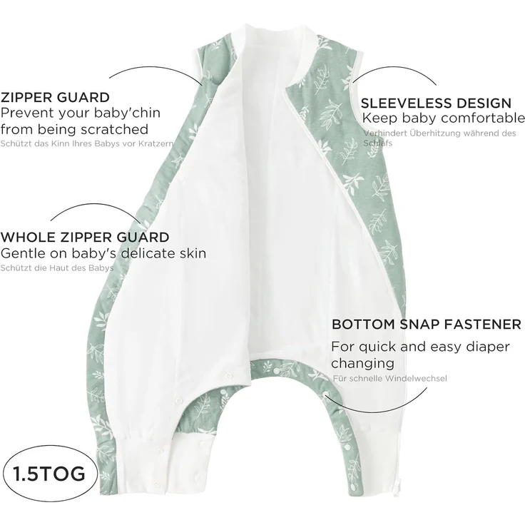 Duomiaomiao Baby Schlafsack, 1x Ganzjahresschlafsack, 1.5tog Grünes Blatt, 95cm / Baby Körpergröße 100-110cm, 100% Baumwolle – Bild 3