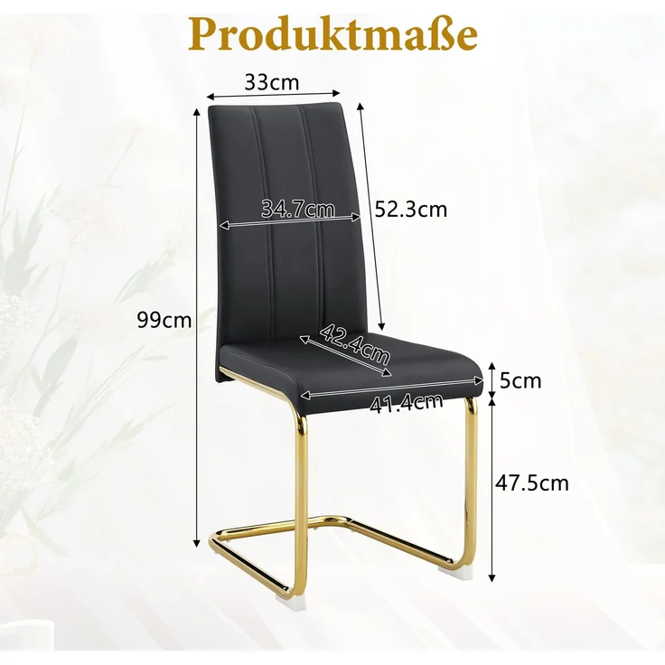 Esszimmerstuhl H 99 x T 54.5 x B 43 cm aus PU-Leder und Metall, ergonomisch, Schwarz/Gold, 2 Stuhl – Bild 5