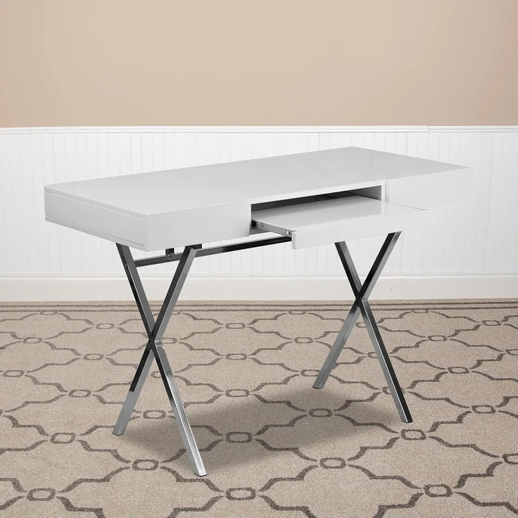 Flash Furniture Computertisch mit Tastaturablage und Schubladen, Metall, Weiß, 1 Stück – Bild 2