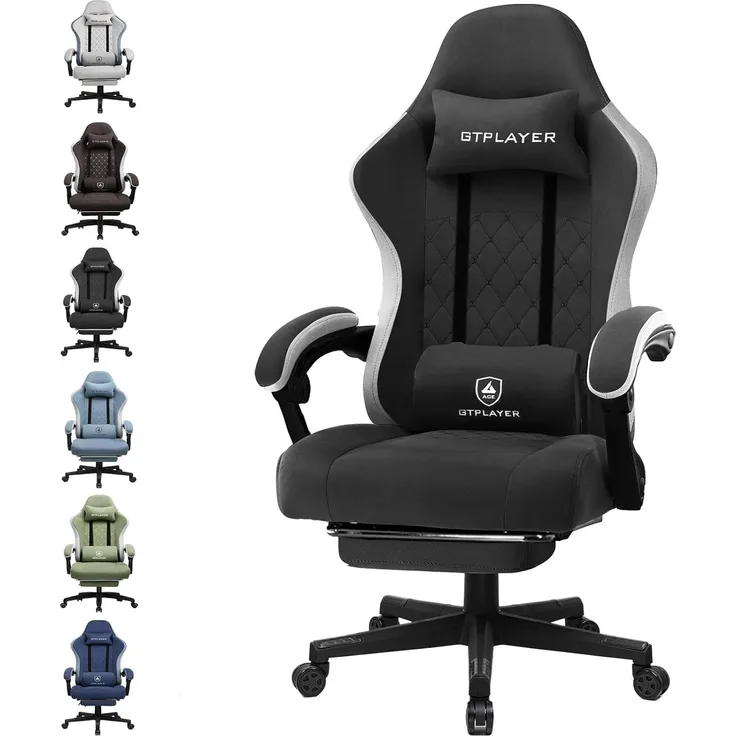 GTPLAYER Gaming Stuhl Ergonomischer Gaming Sessel Schreibtischstuhl mit Stoffoberfläche, Federsitzkissen, Verbindungsarmlehnen und Fußstütze schwarz