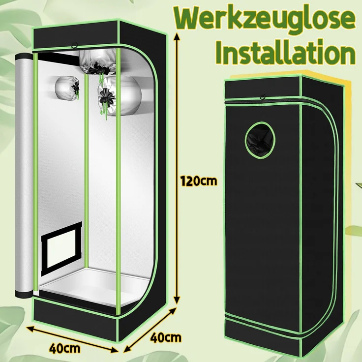 Eikuavons Growbox aus 600D Oxford-Gewebe, reißfest, feuerhemmend, für Kräuter Gemüse und Obst 40x40x120cm, Polyestergewebe, schwarz – Bild 2