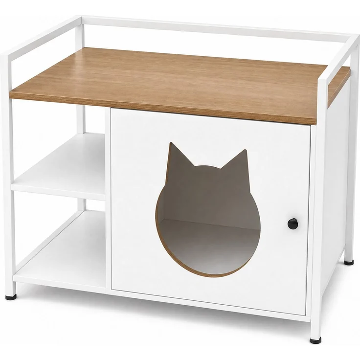 Katzentoilettenschrank mit Katzenhaus und 2 offenen Regalen, 76x54x59 cm, Weiß und helle Eiche – Bild 8