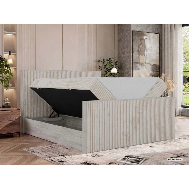 Boxspringbett NORDIC DUO 160 x 200 cm mit Matratze H3, hohe Kopfteil Doppelbett inkl. Topper Visco Holzoptik zwei Bettkästen - Beige Cord – Bild 4
