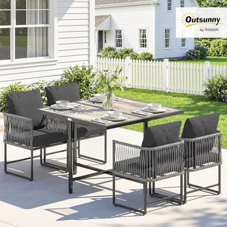 Outsunny Garten-Essgruppe mit 4 Stühlen, DPC-Tischplatte, abnehmbar Kissen, (Gartenset, 5-tlg, Gartenmöbel Set), für Garten Balkon Terrasse – Bild 2