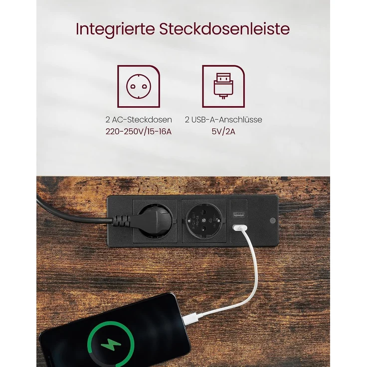 Vasagle Höhenverstellbarer Schreibtisch elektrisch, mit Steckdose und Schublade, stufenlos verstellbar, Memory-Funktion mit 4 Höhen, vintagebraun-schwarz, Tischoberfläche 60x120 cm – Bild 5