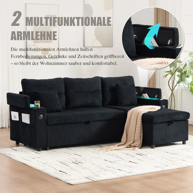 EINHOM Moderne 3-Personen Cordsofa mit Stauraum, Getränkehaltern und USB-C. hydraulischer Chaiselongue und Schubladenbett – Stilvolles Design trifft Komfort, Flexibilität und wohnliche Atmosphäre – Bild 5