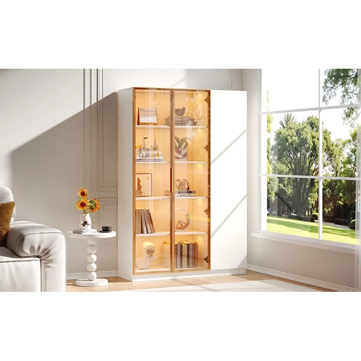 ZUBALIYA Glasvitrine, Höhe 165cm–dreitürige Vitrine mit LED-Beleuchtung, mehrfarbig einstellbar, freistehende Vitrine mit Sicherheitsglas, verstellbaren Einlegeböden und Kippschutz, weiß-Vitrine,Weinschrank – Bild 15