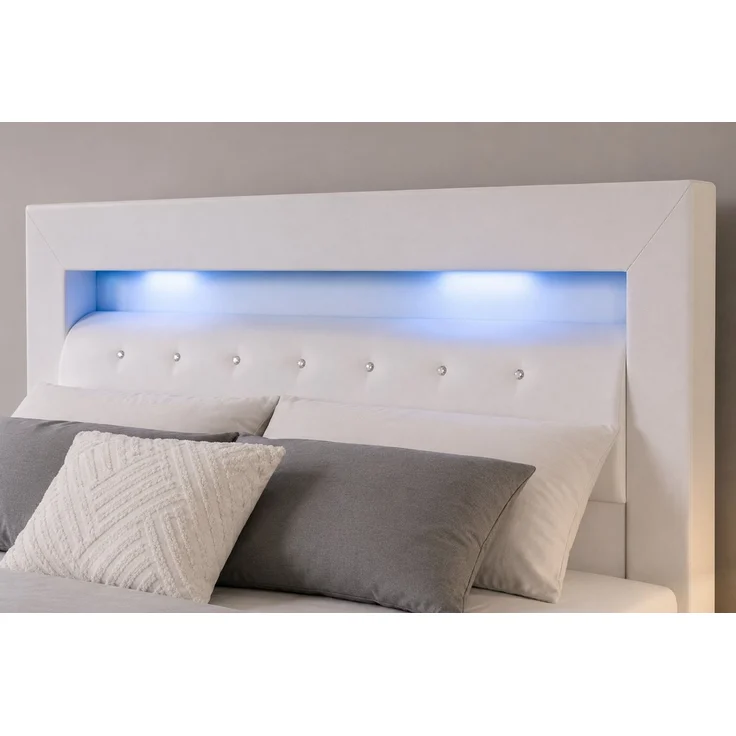 inter Boxspringbett Monaco Kunstleder mit 7 Zonen Taschenfederkernmatratzen und Topper (180x200 cm, Weiß mit 7 Zonen Taschenfederkernmatratzen und Topper), Taschenfederkern-Komfort, Kopfteil mit LED, inklusive Matratzen – Bild 3