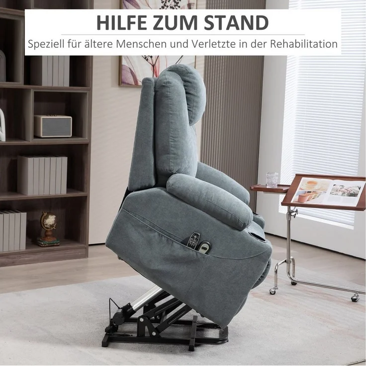 HOMCOM Massagesessel Elektrischer Aufstehsessel mit Seitentaschen (Fernsehsessel mit Fernbedienung, 1-St, Relaxsessel mit Liegefunktion), für Arbeitszimmer, Wohnzimmer, Dunkelgrau – Bild 3