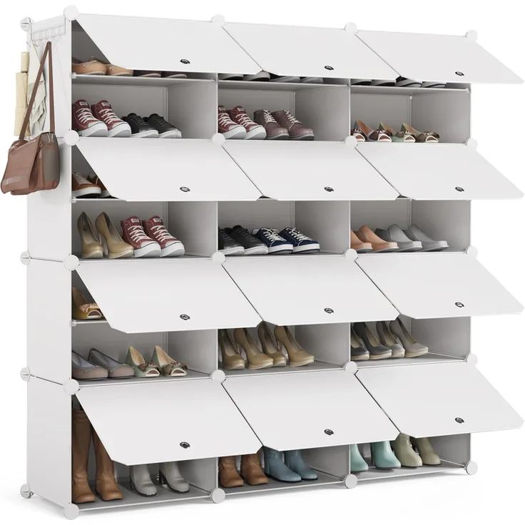 Mondeer Schuhregal, 3x7 Tier Würfel Kunststoff Schuhschrank, Modular Schuhaufbewahrung Hält 42 Paar Schuhe mit Tür, Platzsparend für Alle Arten von Schuhen, für Flure, Schlafzimmer, Eingänge, Weiß