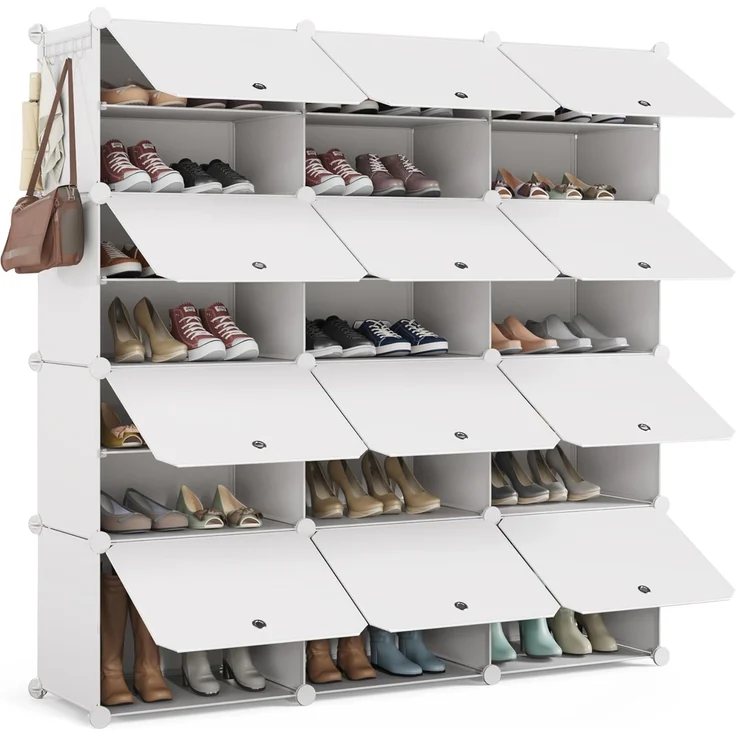 Mondeer Schuhregal, 3x7 Tier Würfel Kunststoff Schuhschrank, Modular Schuhaufbewahrung Hält 42 Paar Schuhe mit Tür, Platzsparend für Alle Arten von Schuhen, für Flure, Schlafzimmer, Eingänge, Weiß