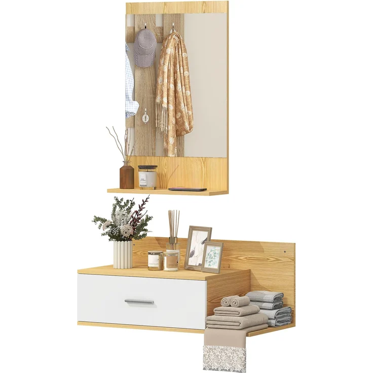MELAYR, Wand-Eingangsbereich-Set, mit, Spiegel, und, Spiegelaufbewahrung, mit, Schublade, 80 x 39,5 x 33,5 cm, Naturholz – Bild 1