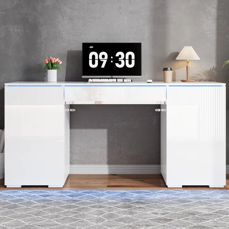 ZUBALIYA 140x50cm großer Schreibtisch in Hochglanz, mit LED-Beleuchtung, 1 Schublade und 2 Türen, moderner Computertisch mit extra großer Arbeitsfläche, Schminktisch mit Stauraum, in Weiß-Hochglanz