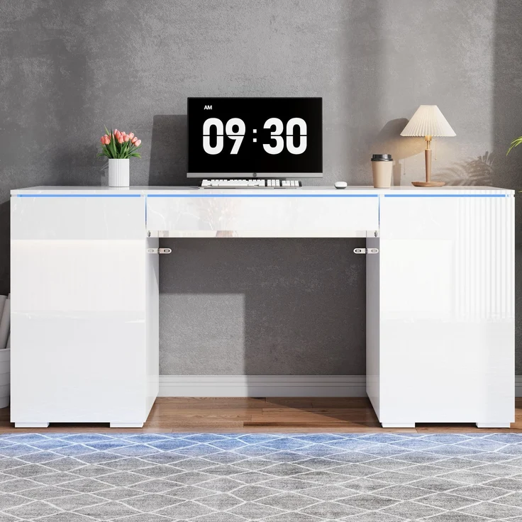 ZUBALIYA 140x50cm großer Schreibtisch in Hochglanz, mit LED-Beleuchtung, 1 Schublade und 2 Türen, moderner Computertisch mit extra großer Arbeitsfläche, Schminktisch mit Stauraum, in Weiß-Hochglanz – Bild 1