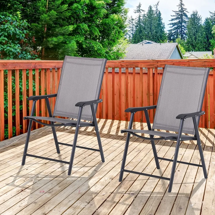Set mit 2 klappbaren Gartenstühlen mit Armlehnen, Essstühle für den Außenbereich aus Metall und Texteline, für Terrasse, Balkon, Außen- und Innenbereich, 58 x 64 x 94 cm, grau – Bild 3