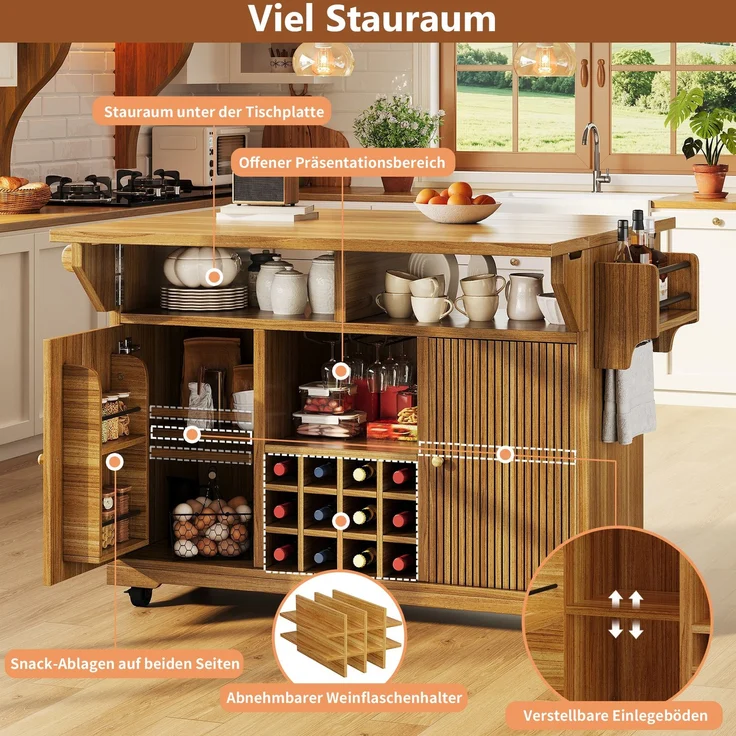 Küchenrollwagen aus MDF mit klappbarer Arbeitsfläche, 142,5x80x95 cm, Dunkelbraun – Bild 8