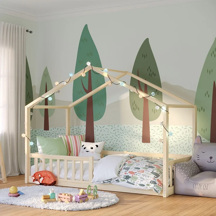 Bellabino 'Bia' Hausbett 90x200 cm, natur, Kiefer Massivholz, Bodenbett in Hausoptik, Montessori Kinderbett mit Rausfallschutz und Lattenrost – Bild 1