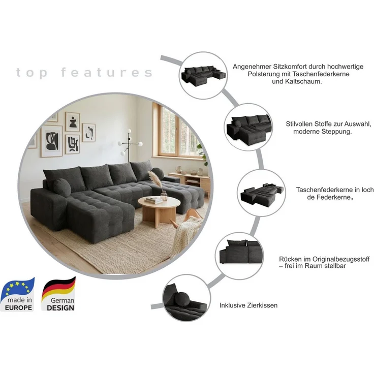 OTTO home Wohnlandschaft Jessy U-Form, B: 313 cm, in Cord & weiteren Bezügen, Schlaffunktion, Bettkasten, Tonnentaschenfederkern-Polsterung – Bild 4