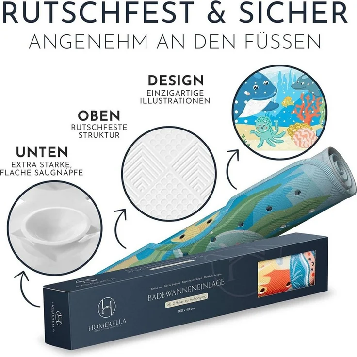 Homerella Badematte rutschfest Kinder - 100% BPA frei Inkl. 2 Haken zum Aufhängen 100x40cm, Antirutschmatte Badewanne Baby hautsensitiv & schimmelresistent, Badewannenmatte rutschfest & waschbar – Bild 4