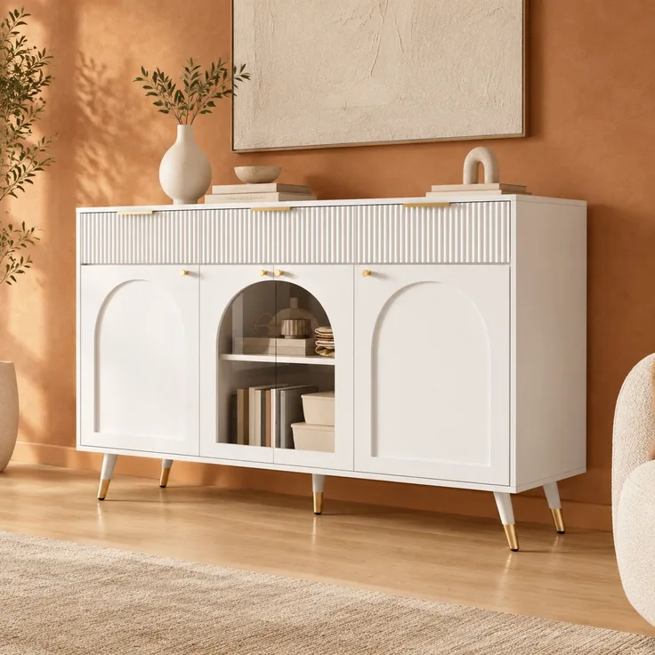 DESVIAE Sideboard Weiß aus MDF/Spanplatte – 140x85,5x40 cm – 4 Türen, 3 Schubladen