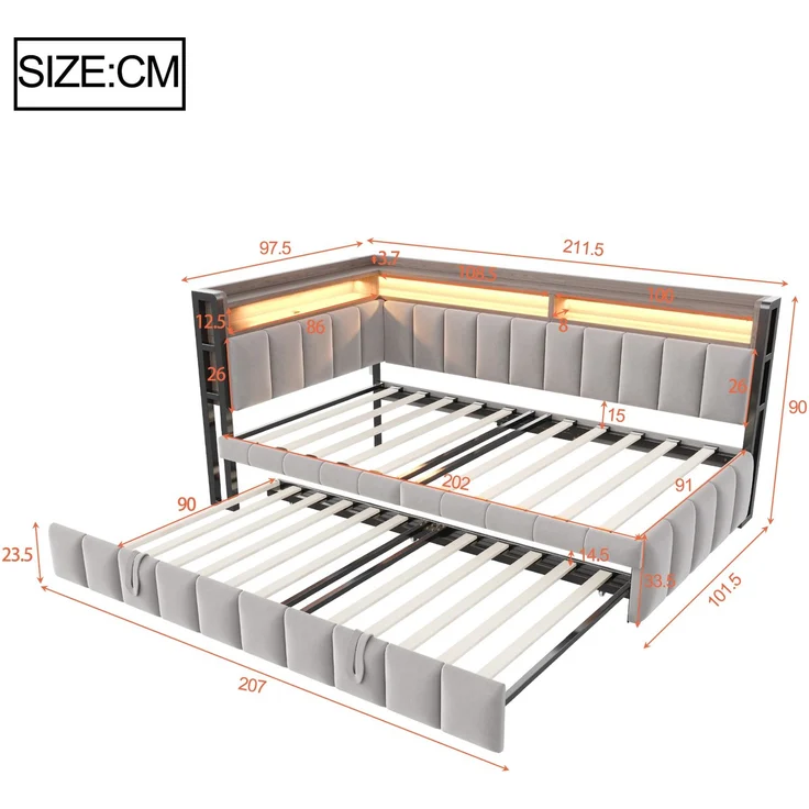 Polsterbett Schlafsofa 90x200 cm mit Ausziehbett, LED-Beleuchtung und Ablagefächern am Kopf- und Fußende, Ausgestattet mit USB- und Typ-C-Anschlüssen. Einzelschlafsofa, Samtstoff Hellgrau – Bild 6