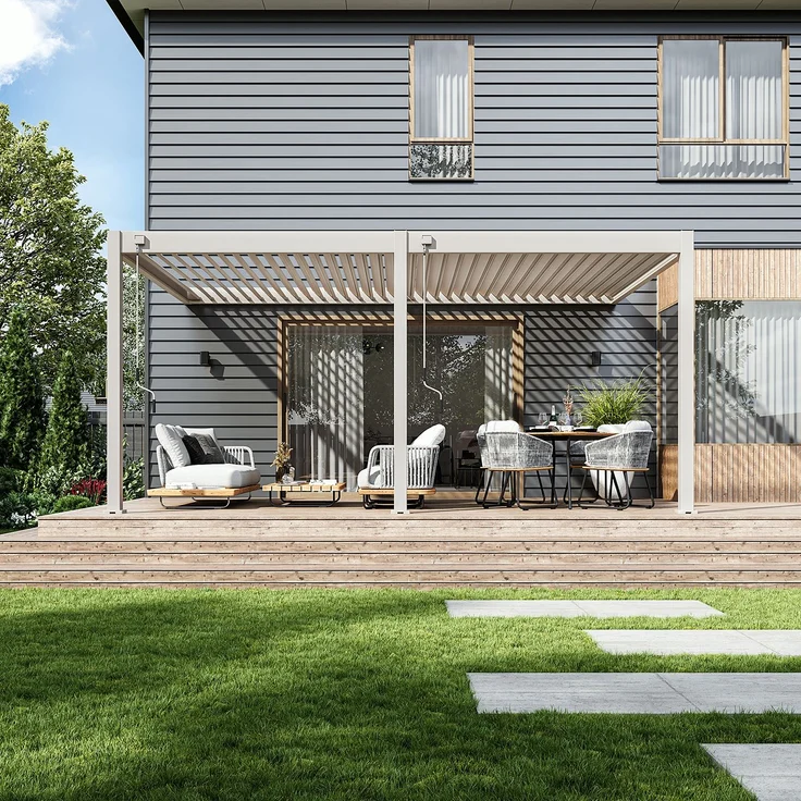 Weide Deluxe Wand-Pergola Voll-Aluminium 3,6x5,3m mit Lamellendach Ivory Sand – Bild 2