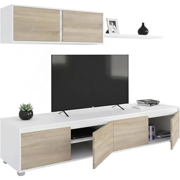 Dmora - Wandsystem Savannah, TV-Ständer, Wohnzimmermöbel, Zusammensetzung des Wohnzimmersets, Wohnzimmerset mit Schrankwand, 200 x 41 x 43 cm, Weiß und Eiche – Bild 2