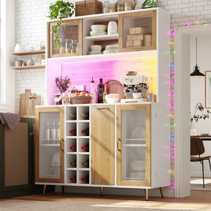 Flieks Küchenbuffet mit Steckdose, LED-Beleuchtung, Glasschiebetüren und Weinregal (Buffetschrank in Holzoptik mit Glasschiebetüren und Drahtgitter-Türen, 1-St, B120/T40/H170 cm) Hochschrank Küchenschrank Geschirrschrank mit verstellbarer Ablagen – Bild 3