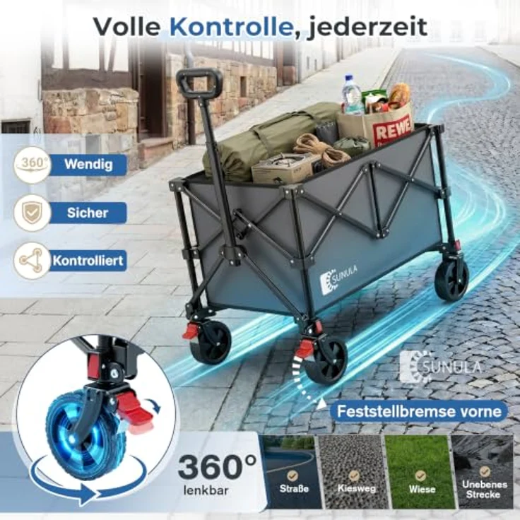 SUNULA Bollerwagen Faltbar Transportwagen, grau, 120 L / 80 KG Klappbar, 4-seitig zusammenfaltbar für Sport, Garten, Einkaufen, Camping – Bild 5