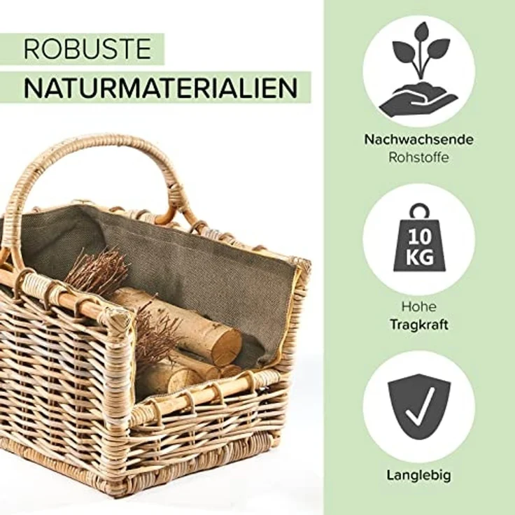 Kobolo Kaminholzkorb Holztrage Rattan grau abnehmb. Jutestoff dunkel – Bild 2