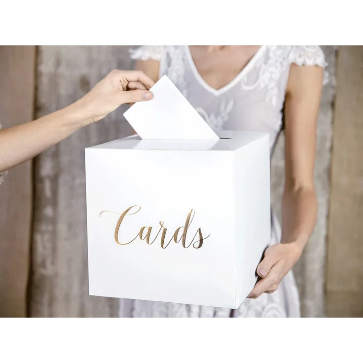 partydeco Geschenkbox, Kartenbox Hochzeit 24cm Papier, weiß / gold