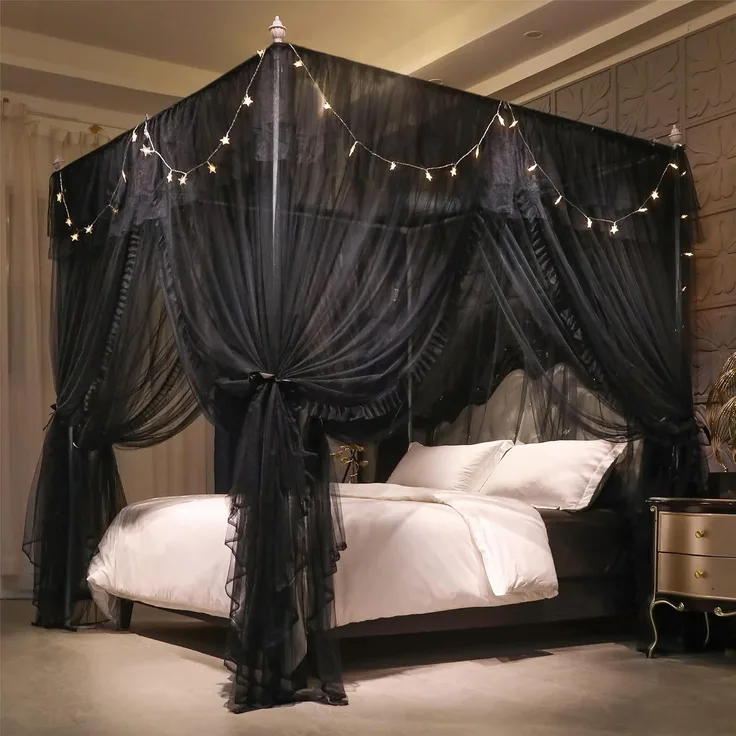 VETHIN 4 Ecken Pfosten Rüschen Prinzessin Bett Baldachin Vorhang, doppellagig, gemütlich, schwarz, 162.6 cm Bx208.3 cm Lx208.3 cm H/Q ueen