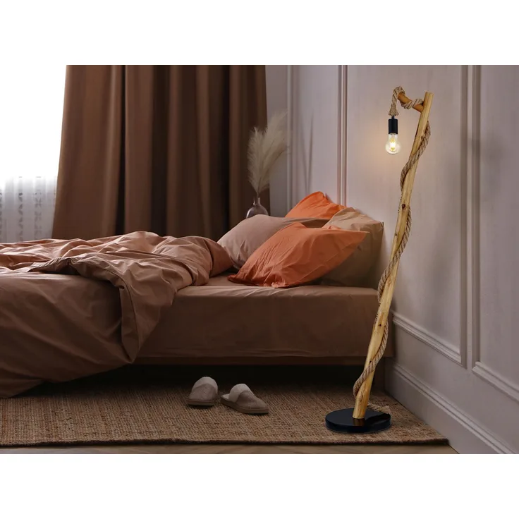 LED Stehleuchte mit Hanfseil und Holzstab, Höhe 150cm