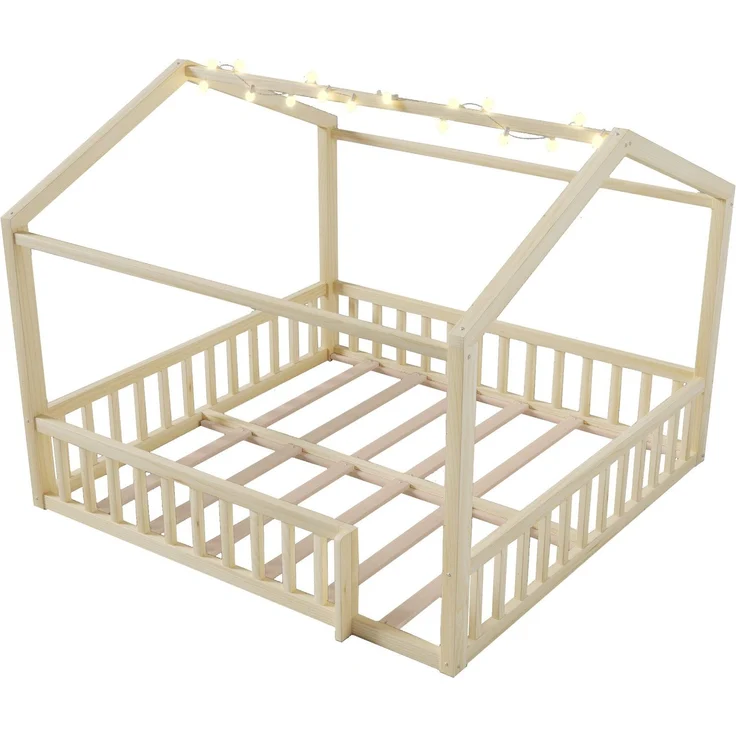 Hausbett mit LED Kugel-Lichterkette, 90x190cm*2/180x190cm, Kinderbett mit Rausfallschutz und Lattenrost, Kiefer – Bild 8