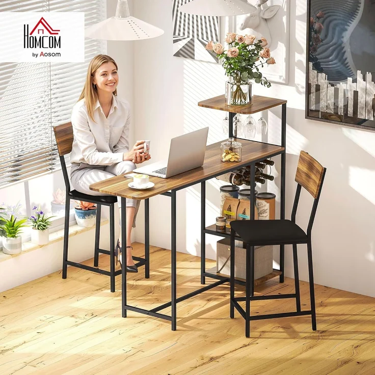 HOMCOM Bargruppe mit klappbar Küchentisch, Weinglashalter, Ablage, 2 Barstühlen, (Bartisch mit Barhocker Set, 3-tlg, Bartisch-Set), im Modern-Stil, für Esszimmer, Küche, Stahl, Braun – Bild 2