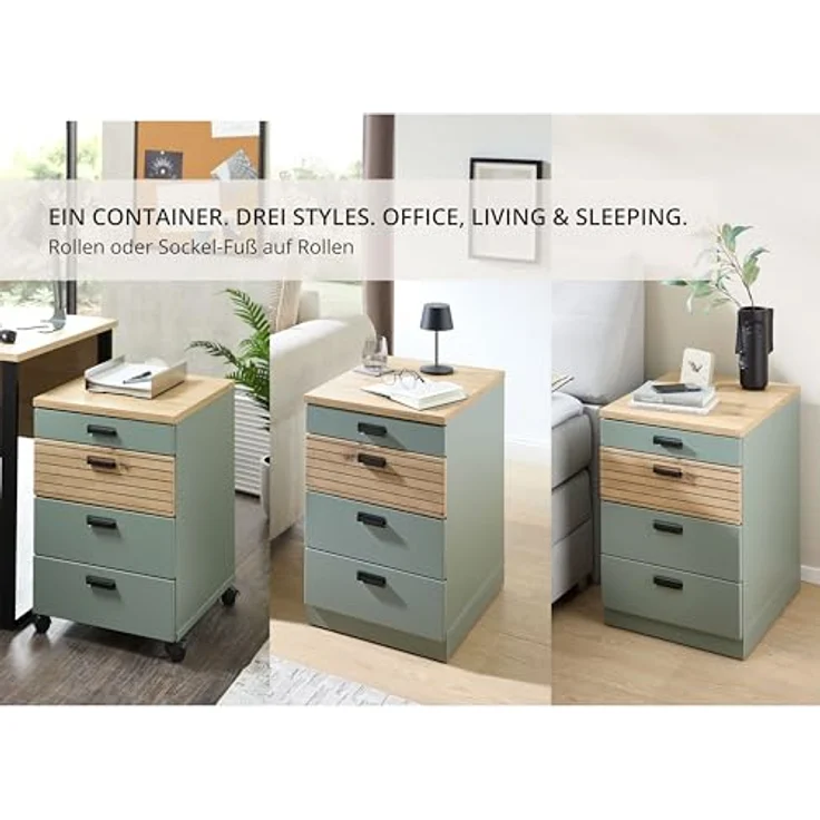Stella Trading Glenn Rollcontainer Schreibtisch in Schilfgrün, Artisan Eiche Optik - Mobiler Büroschrank mit Schubladen - 45 x 66 x 55 cm (B/H/T) – Bild 4