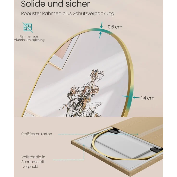 SONGMICS Ganzkörperspiegel, Aluminiumrahmen blassgold, Hartglas, 160 x 50 cm, LFMDE031A01 – Bild 6