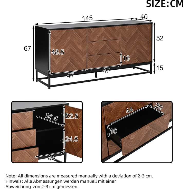 Sideboard Metallgestell mit 3 Schubladen & 2 Schranktüren 145x40x67 cm Eiche+Schwarz – Bild 10
