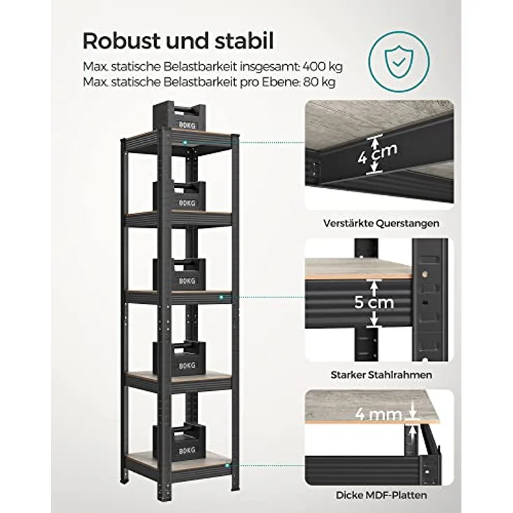 SONGMICS Standregal, 2er Set, Bücherregal, Lagerregal, 5 Ablagen, verstellbar, 37 x 37 x 150 cm, jeweils bis 400 kg belastbar, für Küche, Wohnzimmer, Greige-schwarz GLR037B12 – Bild 6