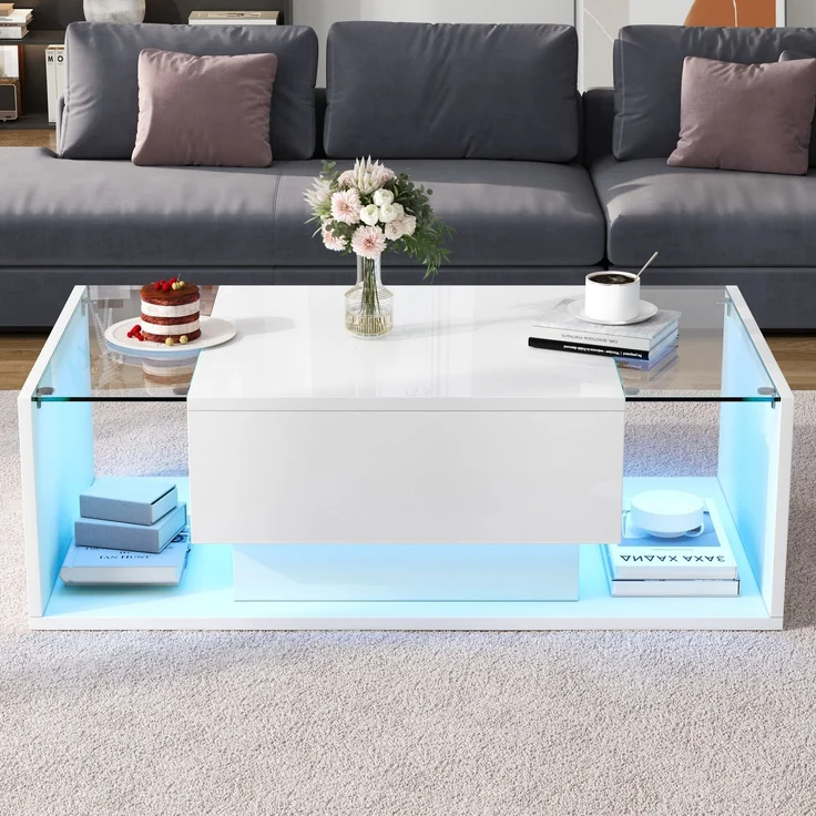 Quadratischer Couchtisch 100 x 50 x 31 cm, Hochglanz Weiß,gehärtetes Glas, 1 Schublade, halboffener Stauraum,mit LED-Lichtleiste – Bild 3