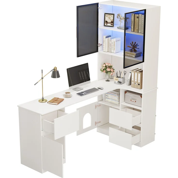 Flieks Eckschreibtisch mit LED-Vitrine & Regal 120×80×180 cm, Computertisch mit 3 Schubladen, 2 Türen, Haustierfach, Rechte Ecke, Weiß – Bild 5