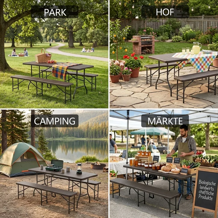 6ft Klappbarer Picknicktisch mit 2 Bänken, 3-teiliges Camping Set, HDPE Tischplatte mit Baummuster, Sicherheitsverriegelung, UV- & wasserbeständig, Braun – Bild 5
