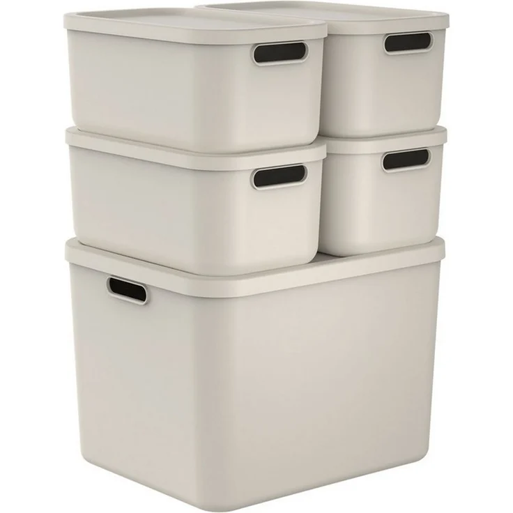ROTHO Stapelbox Albula Light Set 5tlg. 4x 12l und 55l Aufbewahrungsboxen mit Deckel (5-teilig, Boxen-Set), Kisten stapelbar und mit Grifföffnungen – Bild 5