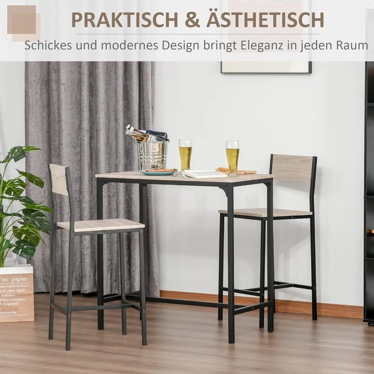 HOMCOM Bargruppe Esstisch mit 2 Barhocker, (Sitzgruppe, 3-tlg, Essgruppe), Natur+Schwarz MDF Metall – Bild 5