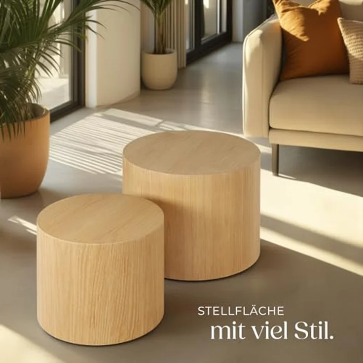 tectake Couchtische Danny, 2er Set aus Eichenfurnier, rund, Ø 48 & 38 cm, stabil und pflegeleicht, komplett montiert – Bild 2